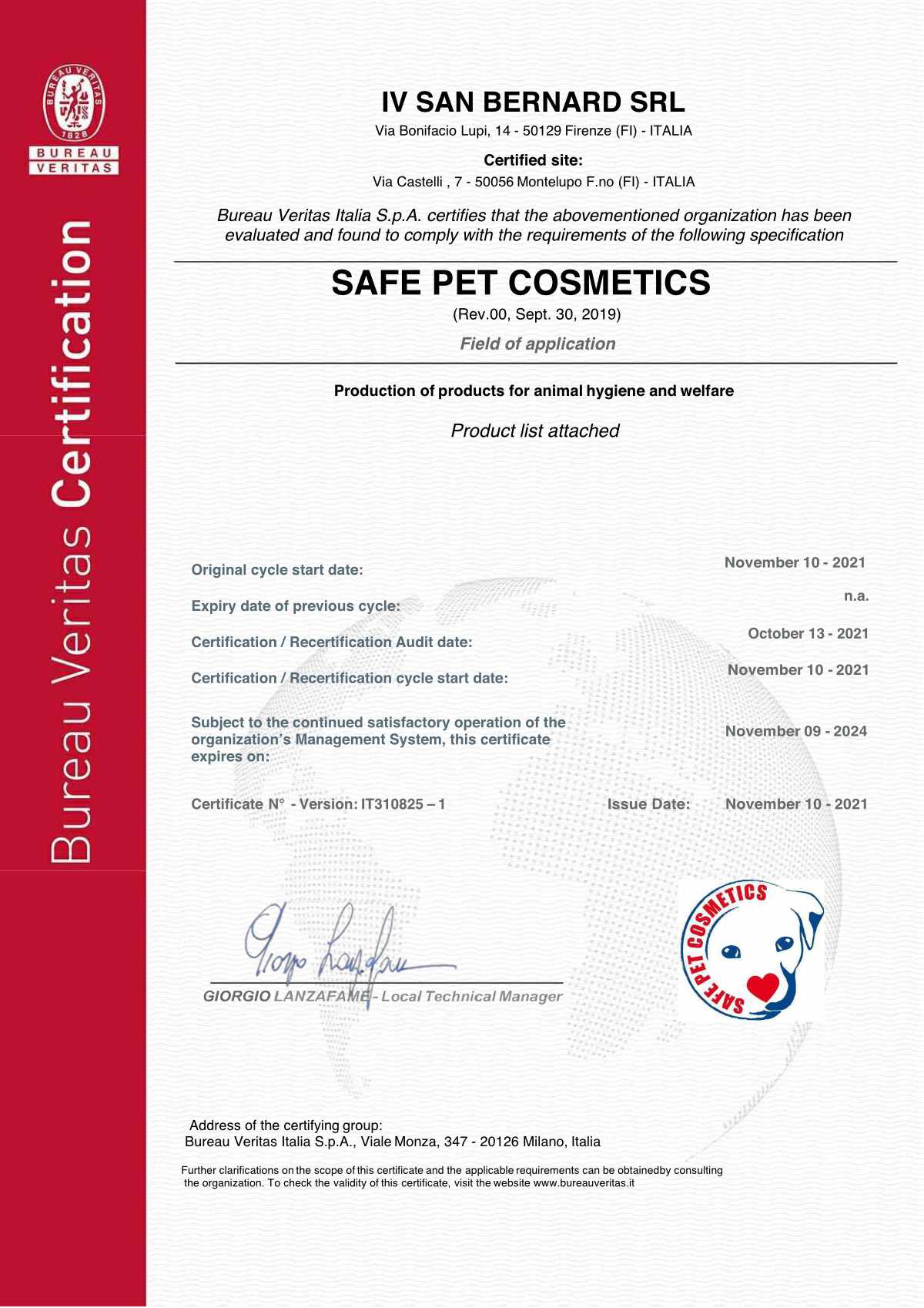 ISB Safe Pet Cosmetics® Certificate